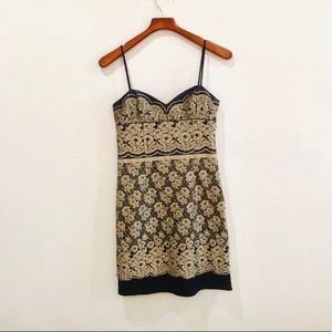 NINE WEST velvet & jacquard navy & gold spaghetti strap dress sz 2